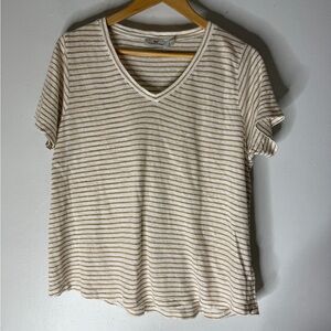 Vineyard Vines Short Sleeve Linen V Neck Top White Tan Stripe Large